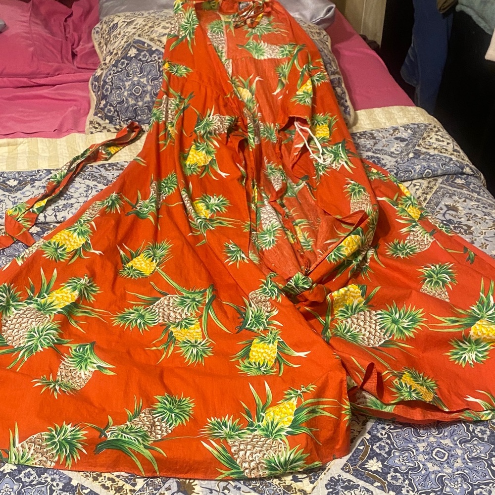 Orange Floral Hilo Hattie Maxi Halter wrap dress and short sleeve shirt set - Picture 6 of 7
